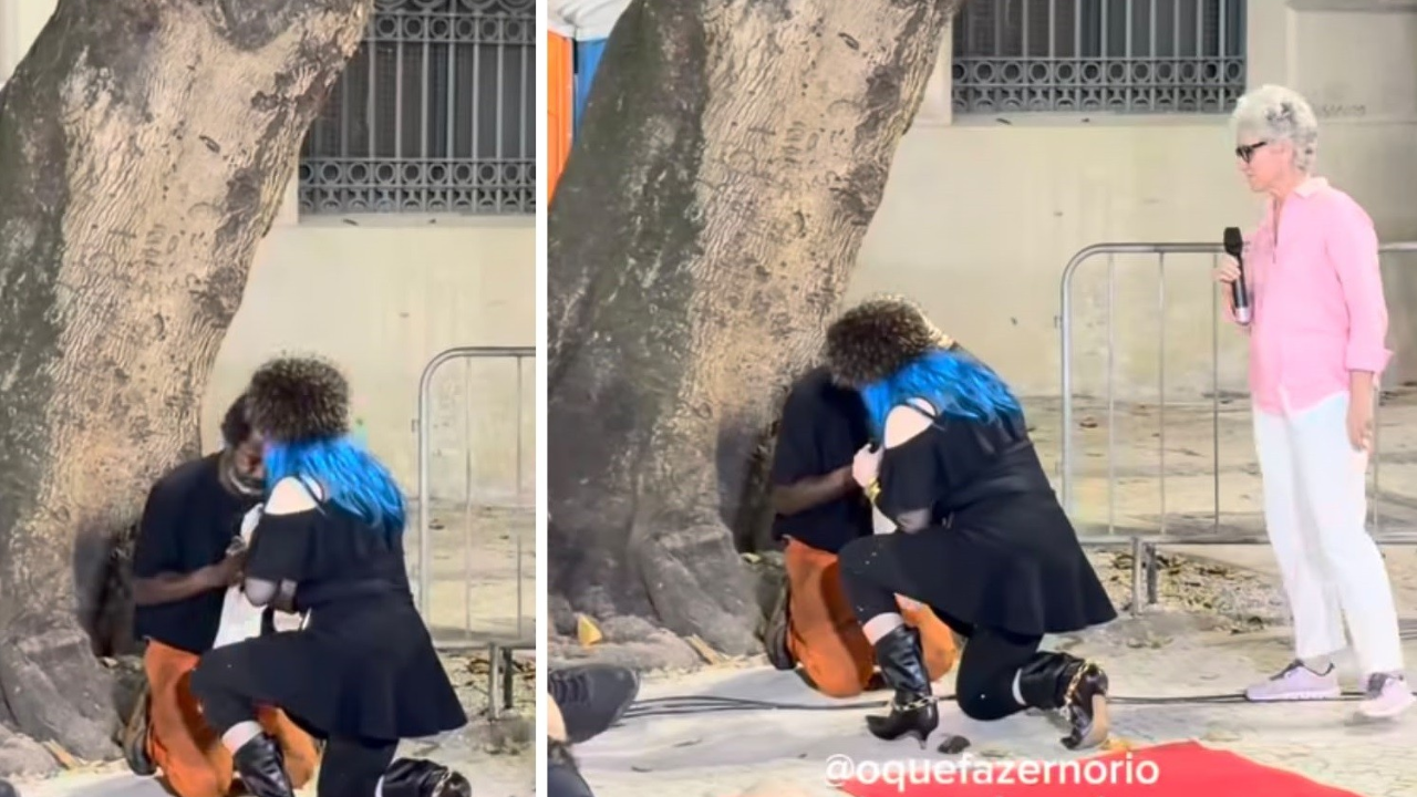Baby do Brasil se ajoelha para orar com homem em situação de rua no Rio
