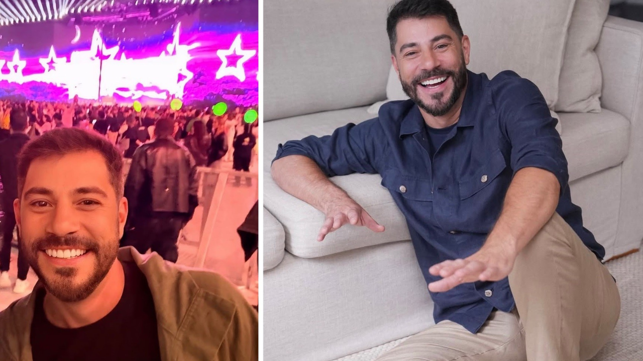 Evaristo Costa curte show da Xuxa em São Paulo e exalta rotina na Inglaterra