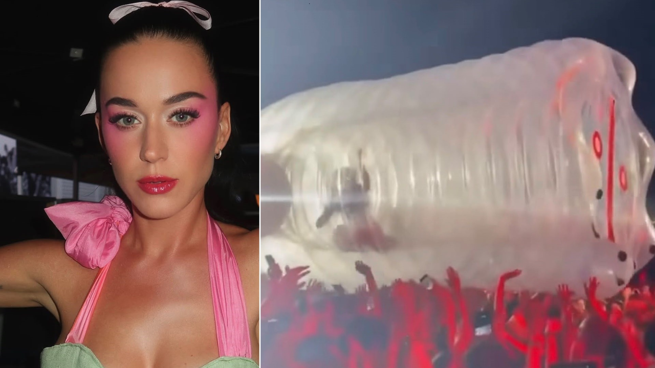 Katy Perry passa por perrengue com garrafa inflável em show e vídeo viraliza