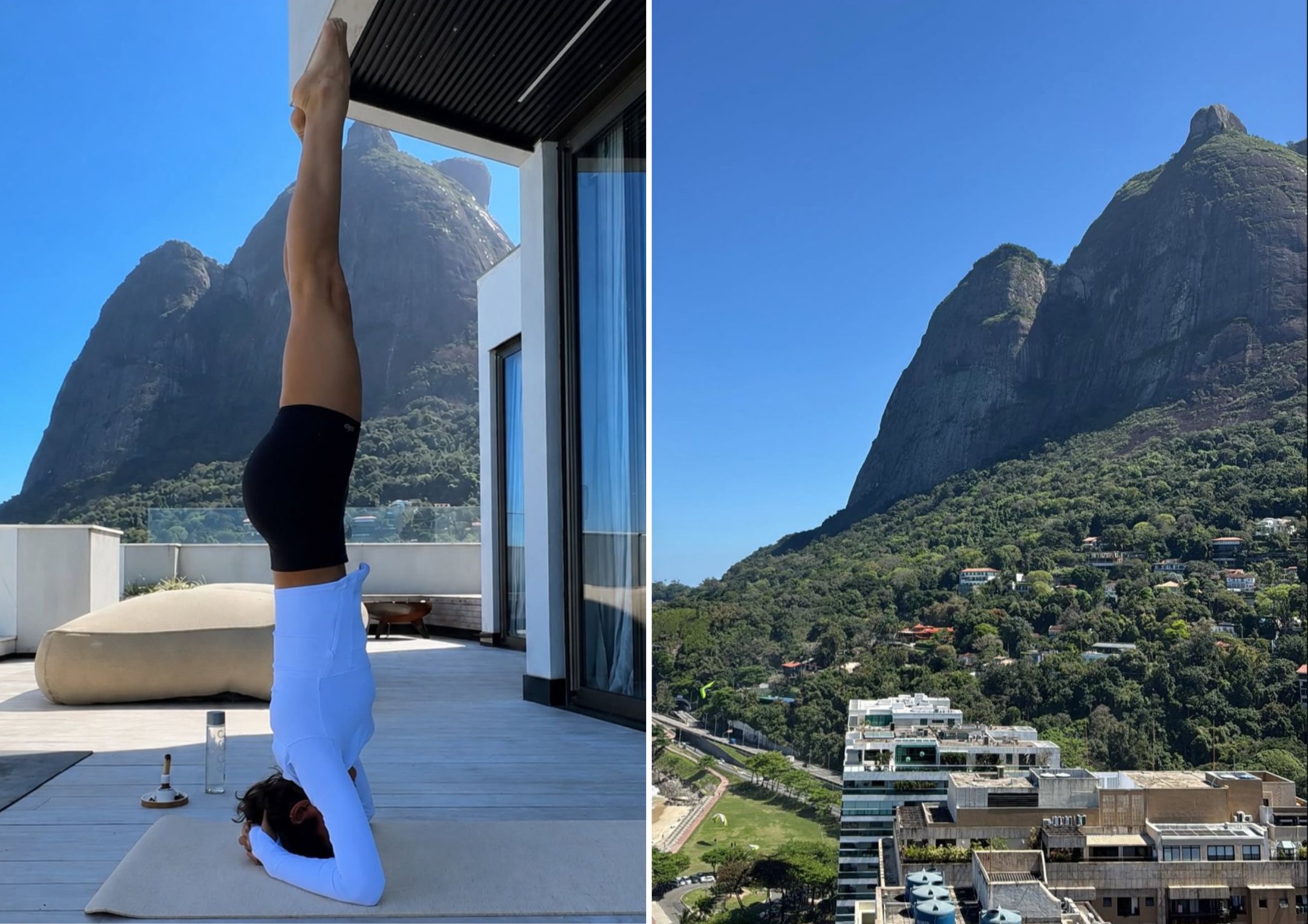 Bruna Marquezine aproveita vista de cobertura no Rio para praticar yoga