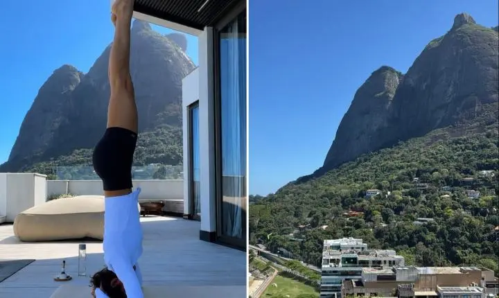 Bruna Marquezine aproveita vista de cobertura no Rio para praticar yoga