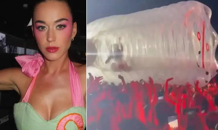 Katy Perry passa por perrengue com garrafa inflável em show e vídeo viraliza