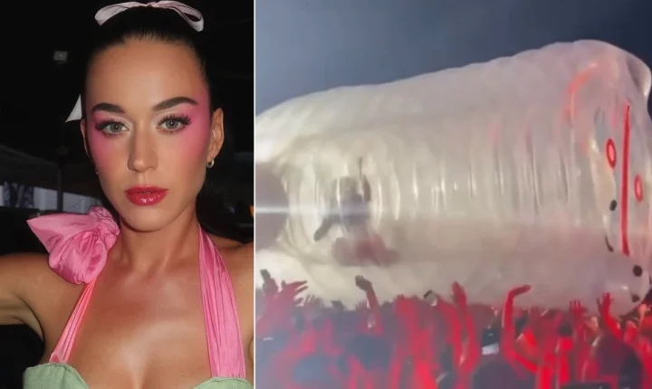 Katy Perry passa por perrengue com garrafa inflável em show e vídeo viraliza